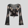 Floral Print Tie Front V-Neck Bell Sleeve Mesh Top