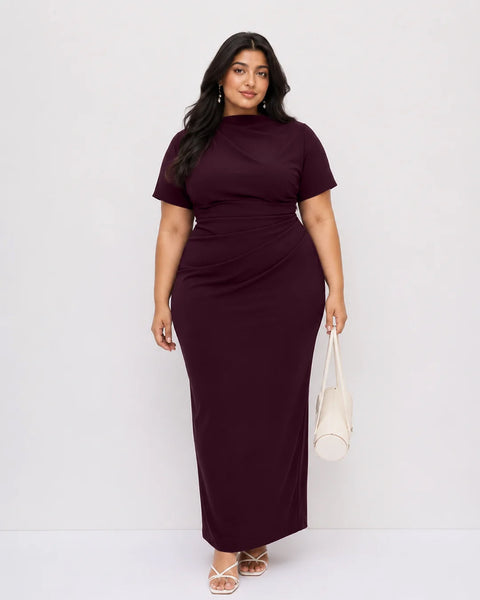 Ruched Boat Neck Dress Curve and Plus in Deep Wine