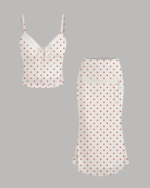 Mesh V-neck Bowknot Crop Cami Top & Mid Rise Lettuce Trim Skirt Set in White