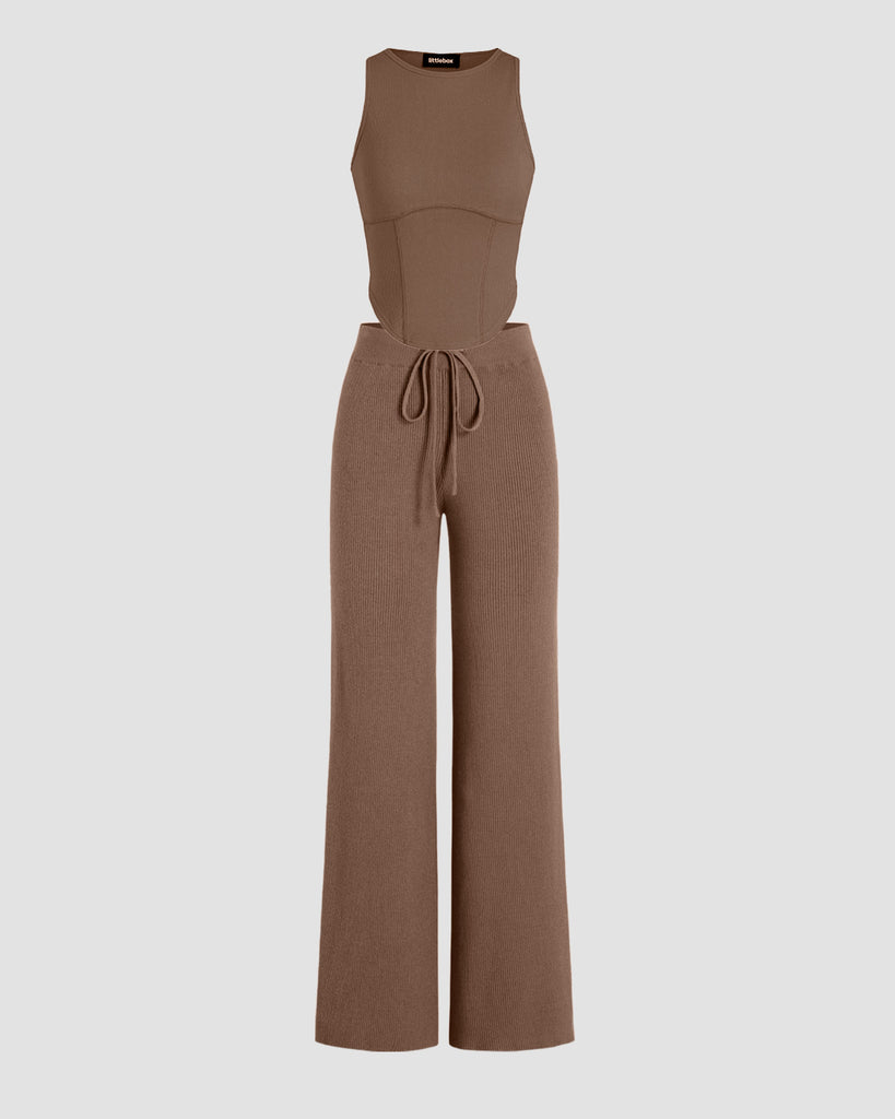 Matching set of Corset Style Ribbed Top With Trouser In Brown
