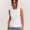 Front Zipper Round Neck Sleeveless Peplum Top in Off White