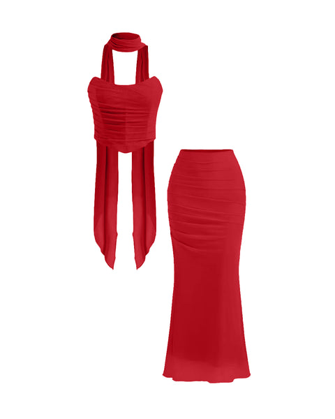 Strapless Corset Top & Stretch Mermaid Skirt In Red