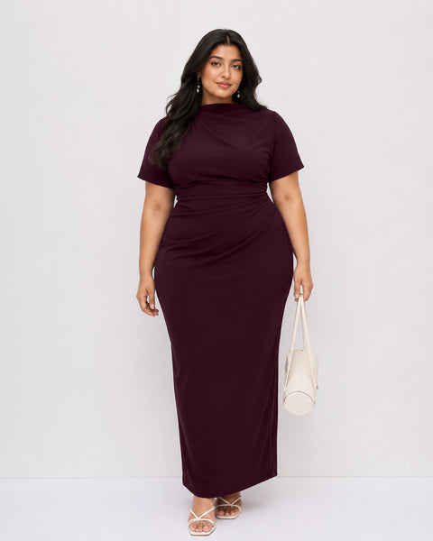 Ruched Boat Neck Dress Curve and Plus in Deep Wine