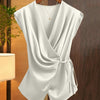 Off-White Solid Color Deep V-Neck Twist Knot Asymmetrical Top