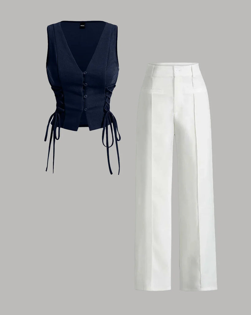 Women's 2-piece navy corset vest and white wide-leg trouser set, featuring a stylish lace-up design.
