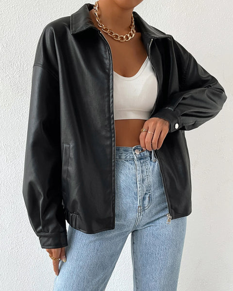 Collar Neck Solid Long Sleeve Leather Jacket in Black
