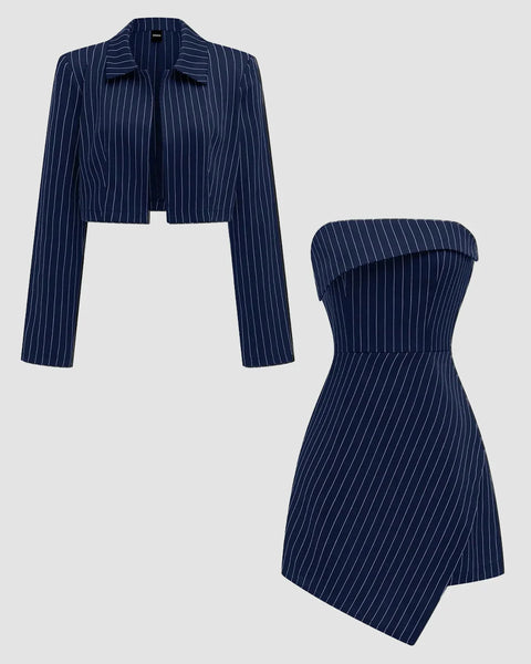 Navy Blue Casual Striped Tube Dress & Cropped Jacket Two-Piece Set