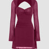 Sweetheart Bell Sleeve Glitter Cut Out Ruched Mini Dress in Maroon