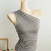 Ruched Asymmetrical Neck Sleeveless Fitted Top in Grey