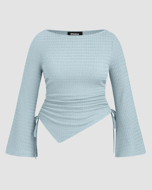 Boat Neck Ruched Drawstring Bell Sleeve Top Curve & Plus in Sky Blue