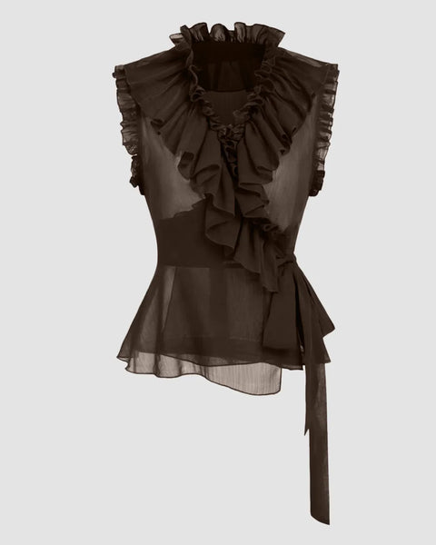 Trim Knotted See-through Tank Top in Coffee