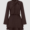 Long Sleeve Cross Neck Satin Tiered Mini Dress in Coffee