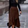 Solid Color Asymmetric Hem Ruffle Slim Fit Skirt in Brown