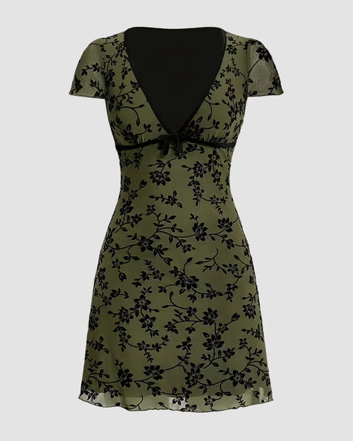 Floral Mesh V-Neck Short Sleeve A-Line Mini Dress in Green