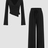 V-neck Bell Sleeve Ruched Asymmetrical Top & Straight Leg Trousers Set in Black