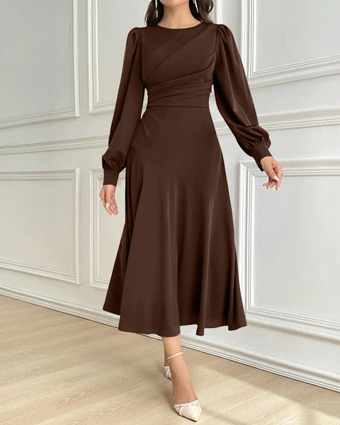 Solid Dark Brown Long Puff Sleeves A-Line Midi Dress