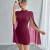Bodycon Mini Dress Crew Neck Lantern Sleeves in Maroon