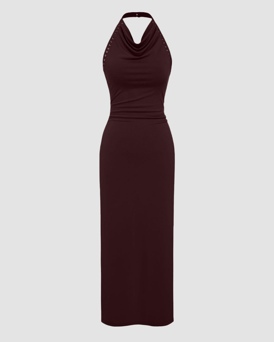 Halter Neckline Rivet Split Ruched Straight Maxi Dress in Chocolate ...