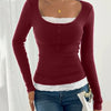 Round Neck Slim Fit Straight Hem Solid Ribbed Long Sleeve Top in Maroon