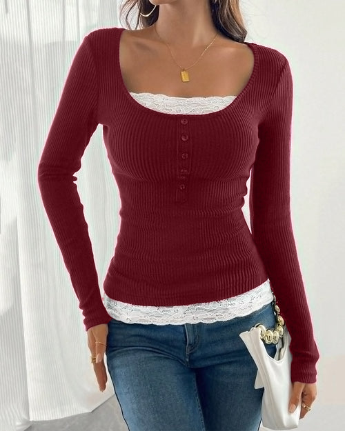 Round Neck Slim Fit Straight Hem Solid Ribbed Long Sleeve Top in Maroon