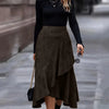 Solid Color Asymmetric Hem Ruffle Slim Fit Skirt in Dark Brown