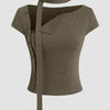 Asymmetrical neck top Texture Button Up Top With Scarf in Smoke Green