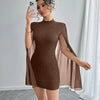 Bodycon Mini Dress Crew Neck Lantern Sleeves in Brown