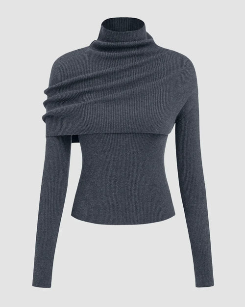 Round Neckline Long Sleeve Top With High Neck Wrap in Dark Grey
