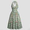 Casual Halter Neck Slim Fit Flared Hem Floral Sleeveless Midi Dress