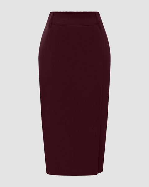 Solid Color Front Slit Pencil Knee-Length Skirt in Maroon