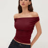 Off-shoulder Ruched Short Sleeve Top in Maroon
