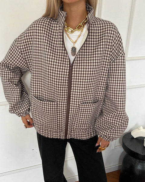 Zip-Up High Neck Houndstooth Long Sleeve Jacket