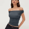 Off-shoulder Ruched Short Sleeve Top in Dark Grey
