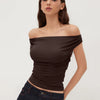 Off-shoulder Ruched Short Sleeve Top in Chocolate