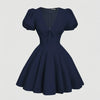 Navy Blue Puff Sleeve V-Neck Bow Boho Fit & Flare Mini Dress