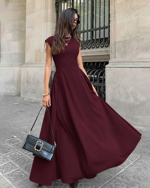 Solid Burgundy Crew Neck Fit & Flare Maxi Dress