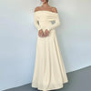 Beige Off-Shoulder Ruched Waist A-Line Twist Maxi Dress