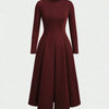 Round Neck Fit & Flare Solid Long Sleeve Midi Dress in Merlot