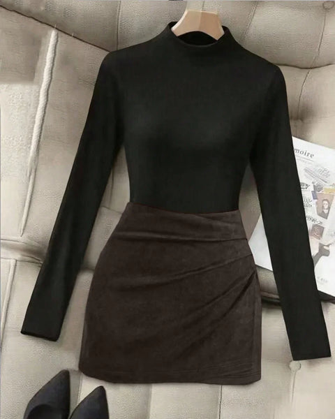 Solid Collar Long Sleeve Fitted Top & Midi Skirt Two-Piece Set