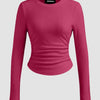 Round Neckline Ruched Long Sleeve Top in Ruby
