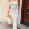 Spaghetti Strap Ruffle-Trim Textured Slim Fit Maxi Dress in Cream