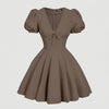 Brown Puff Sleeve V-Neck Bow Boho Fit & Flare Mini Dress