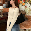 Off-Shoulder Slim-Fit Straight Hem Solid Long Sleeve Cropped Top in Beige
