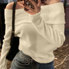 Off-Shoulder Slim-Fit Straight Hem Solid Long Sleeve Cropped Top in Beige