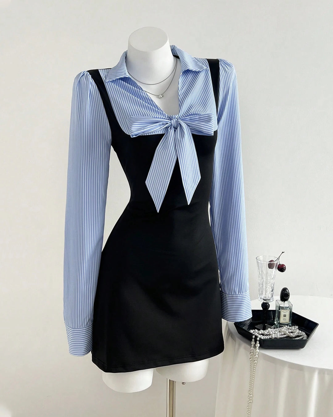 Customer photo 1 of Striped Bow Black Pinafore Mini Dress