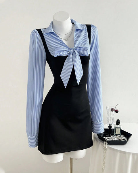 Striped Bow Black Pinafore Mini Dress