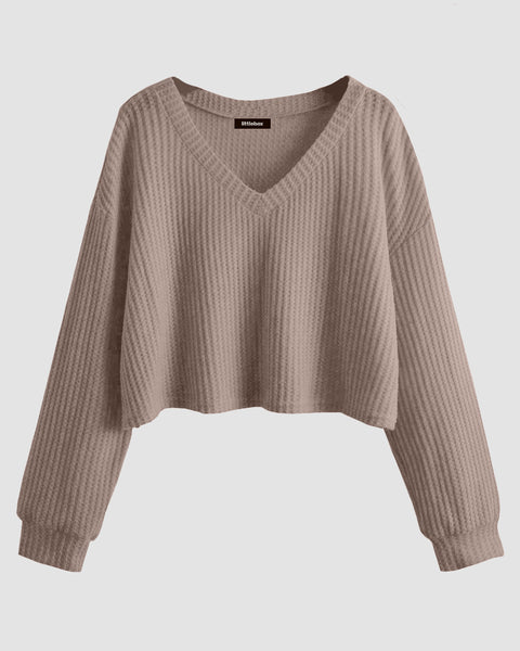 Solid V-Neck Drop Shoulder Long Sleeve Casual Sweater in Carmel