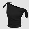Linen-blend Asymmetrical Neck Ruched Knotted Top in Black
