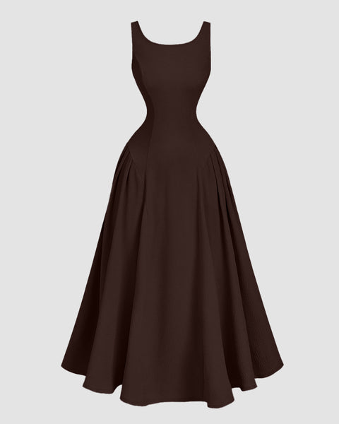 Square Neck Slim Fit Flared Hem Sleeveless Midi Dress in Chocolate Fondae