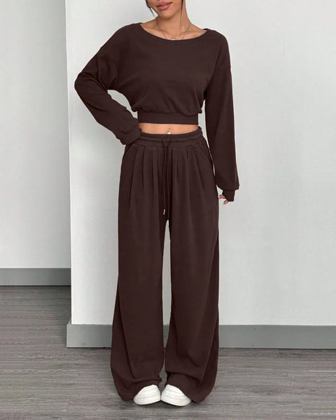 Chocolate Asymmetrical Neck Long Sleeve Top & Wide-Leg Pants Two-Piece Set